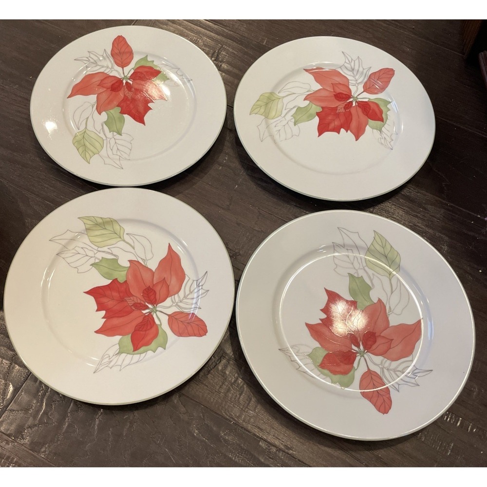 Block Spal Watercolors Poinsettia Dinner Plates Plate 1982 10.5" Set‎ Of 4 VTG